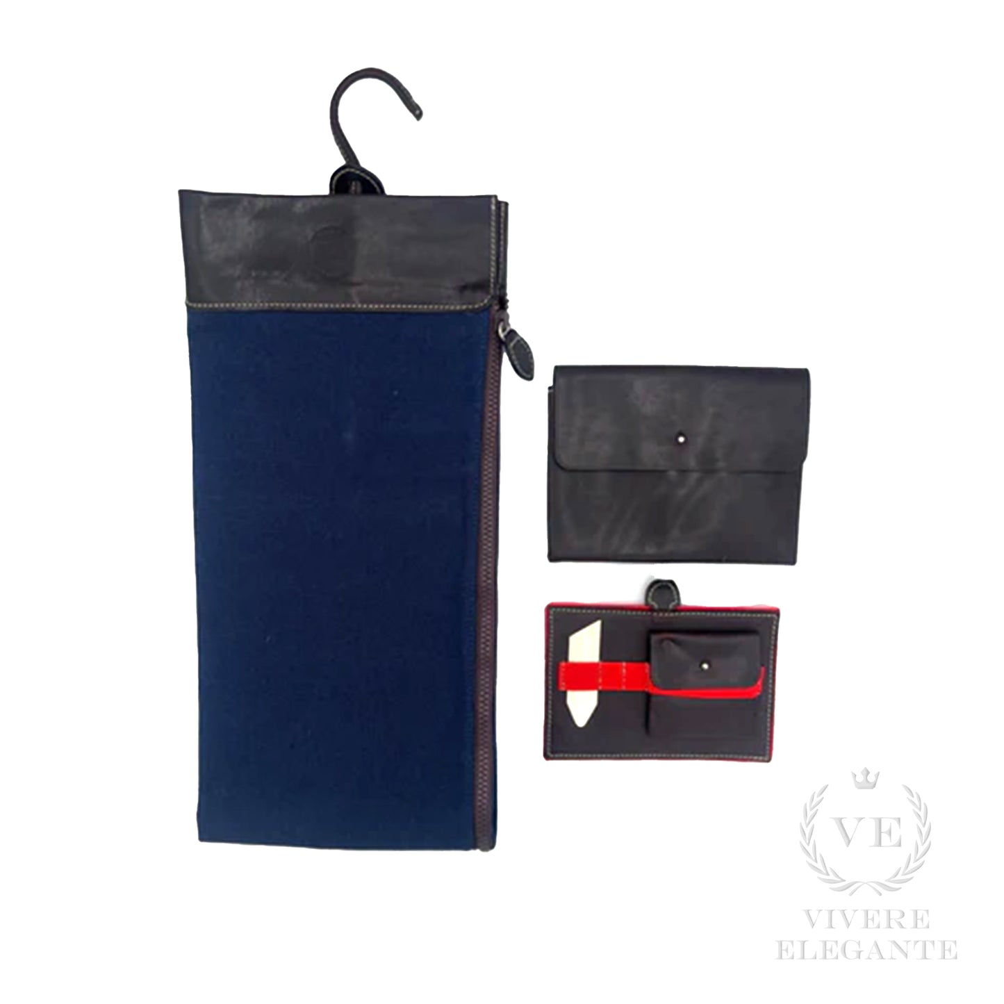 Porta cravatte blu scuro canvas cuoio