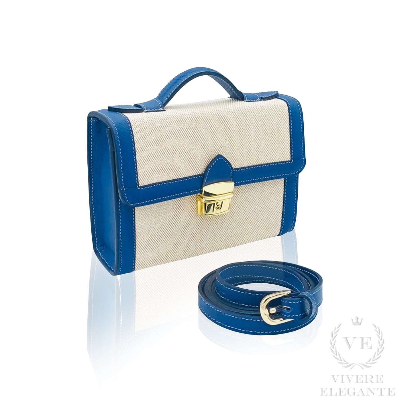 Salomè piccola color beige e blu in Canvas e pelle Saffiano