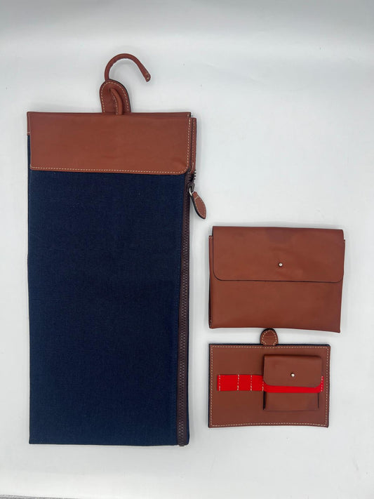 Porta cravatte canvas cuoio blu da viaggio